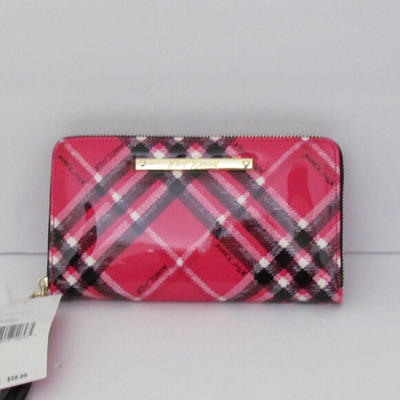 Betsey Johnson Pink/Black/White Patent Leather Plaid Wristlet/Wallet NWT - Picture 2 of 5